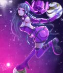  absurdres backless_dress backless_outfit boots breasts dress earth elbow_gloves full_moon galacta gloves helm helmet highres large_breasts long_hair marvel moon oretex platform_footwear purple_eyes purple_footwear short_dress sideboob solo space strapless strapless_dress 