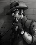  blood eyewear gloves hat lintu male monochrome sniper_(team_fortress_2) sunglasses vest watch 