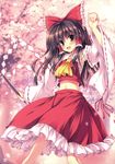  :d absurdres armpits bow brown_eyes brown_hair cherry_blossoms detached_sleeves gohei hair_bow hair_tubes hakurei_reimu highres midriff navel non-web_source open_mouth sarashi skirt smile solo tateha_(marvelous_grace) touhou 