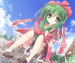  bad_id bad_pixiv_id bow dutch_angle frills front_ponytail green_eyes green_hair hair_bow itsutsuki kagiyama_hina looking_at_viewer shoes sitting solo touhou 