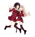  blonde_hair brown_hair green_eyes kawamura_reo kirisato_itsuki long_hair long_sleeves multiple_girls red_eyes sawaguchi_mai school_uniform serafuku short_hair simple_background smile sono_hanabira_ni_kuchizuke_wo st._michael's_school_uniform thighhighs 