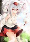  animal_ears bare_shoulders breasts day detached_sleeves hat inubashiri_momiji large_breasts nijou_makoto outdoors petals red_eyes silver_hair smile solo tokin_hat touhou tree wolf_ears 