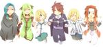  2girls bare_shoulders bare_shouldrders blonde_hair blue_eyes blue_hair breasts brown_eyes cape colette_brunel collet_brunel green_hair happy kratos_aurion martel_yggdrasill mithos_yggdrasill multiple_girls open_mouth pants red_hair tales_of_(series) tales_of_symphonia yuan_ka-fai zelos_wilder 