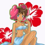  bare_shoulders blue_eyes breasts brown_hair elite_four flower fuyou_(pokemon) navel open_mouth poke_ball pokeball pokemon 