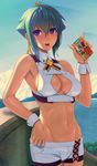  aquarion_(series) aquarion_evol bad_id bad_pixiv_id bare_shoulders breasts carton cleavage cleavage_cutout fang food fruit green_hair groin hair_ribbon large_breasts midriff navel ocean open_mouth purple_eyes ribbon short_hair short_shorts shorts sideboob sky solo strawberry translated wall zessica_wong zzzalam 