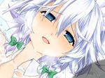  blue_eyes blush bow braid close-up face hair_bow highres izayoi_sakuya kotomuke_fuurin looking_at_viewer maid_headdress short_hair silver_hair smile solo sweat touhou twin_braids wet wet_clothes 