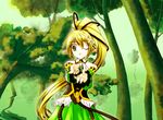  1girl bare_shoulders blonde_hair blone_hair elf elsword forest nature open_mouth pointy_ears rena_(elsword) solo tree wink yellow_eyes 