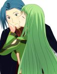  blue_hair breasts cape eyes_closed green_eyes green_hair kiss lowres martel_yggdrasill tales_of_(series) tales_of_symphonia yuan_ka-fai 