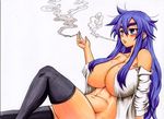  1girl bare_shoulders black_legwear black_thighhighs blue_hair bottomless breasts cigarette curvy eyebrows female hips huge_breasts long_hair navel no_bra no_panties omori-san open_clothes open_shirt shirt simple_background sitting smoke smoking solo sunukelaw thick_thighs thighhighs thighs white_background wide_hips 