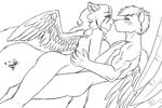  black_and_white canine cat catwingz duo eskimo_kiss feline female kushi_wolfer leah_se_vlad male mammal monochrome shadowevangel sketch wings wolf 