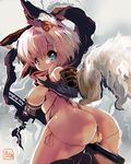  animal_ears anus ass between_legs blue_eyes bottomless bow breasts commentary_request detached_sleeves fox_ears fox_tail from_behind katana large_breasts looking_back ninja original pussy ryuno shawl sketch solo sword tail weapon 