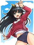  &gt;_&lt; animal aqua_eyes black_hair bow buruma closed_eyes cloud day fang ganaha_hibiki gym_uniform hair_bow hamster hamuzou idolmaster idolmaster_(classic) jacket k.y_ko long_hair navel open_mouth ponytail sky solo track_jacket 