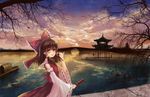  architecture arm_up bird blue_sky boat bow bridge brown_hair cloud dango detached_sleeves east_asian_architecture flandre_scarlet food hair_bow hair_tubes hakurei_reimu highres landscape open_mouth pagoda red_eyes river scenery shirt skirt skirt_set sky smile solo_focus sunset tamaxi touhou tree wagashi watercraft wings 