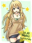  ahoge bikini black_legwear blonde_hair blush breasts cleavage dated green_eyes happy_birthday hoshii_miki idolmaster idolmaster_(classic) jewelry k.y_ko long_hair long_sleeves looking_at_viewer medium_breasts necklace open_mouth shorts solo star sweater swimsuit thighhighs 