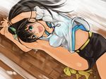  :d aqua_eyes barefoot belt black_hair blue_eyes bracelet breasts earrings flexible from_side ganaha_hibiki hair_ribbon hands_on_feet idolmaster idolmaster_(classic) idolmaster_cinderella_girls jewelry long_hair medium_breasts midriff navel necklace nerotarou@seven open_mouth ponytail ribbon shorts smile solo split stretch 