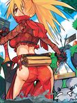  ass back bandages blonde_hair breasts crop_top demon_girl disgaea from_behind hakama hip_vent japanese_clothes john_crayton kunoichi_(disgaea) mask medium_breasts midriff ninja partially_submerged pointy_ears ponytail red_eyes red_hakama ringed_eyes scarf sword tantou trefoil water weapon 