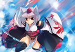  alternate_costume animal_ears bare_shoulders black_legwear detached_sleeves hat inubashiri_momiji kourindou_tengu_costume red_eyes sawamura_hikaru shield short_hair silver_hair solo sword thighhighs tokin_hat touhou weapon wolf_ears 