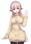  between_breasts black_legwear breasts headphones hips kamata_yuuya large_breasts long_hair nitroplus open_mouth pantyhose pink_hair red_eyes ribbed_sweater shorts simple_background solo super_sonico sweater waving white_background wide_hips 