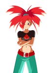  asuna_(pokemon) belt breasts denim gym_leader jeans navel pants pokemon red_eyes red_hair simple_background 