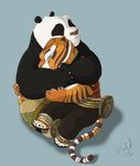  bear eyes_closed feline female hug kung_fu_panda male mammal master_tigress panda plain_background po prinzeburnzo sandals sitting tiger 