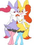  2girls alternate_color animal_ear_fluff animal_ears arm_around_waist bespectacled blue_legwear braixen closed_mouth clothed_pokemon creatures_(company) embarrassed female fox_ears fox_tail full_body furry game_freak gen_6_pokemon glasses half-closed_eyes hand_up happy highres jpeg_artifacts knees_together_feet_apart legs_crossed light_blush looking_at_viewer mezmaroon multiple_girls nintendo no_humans open_mouth pink_legwear pokemon pokemon_(creature) purple_eyes red_eyes shiny_pokemon simple_background smile standing tail teeth thigh_gap thighhighs white_background 