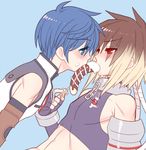  2boys albel_nox banana blonde_hair blue_eyes blue_hair blush brown_hair cherry chocolate eating fayt_leingod folks_(nabokof) food fruit gradient_hair long_hair midriff multicolored_hair multiple_boys navel red_eyes sexually_suggestive short_hair solo square_enix star_ocean star_ocean_3 star_ocean_till_the_end_of_time yaoi 