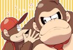  2boys ape baseball_cap closed_eyes diddy_kong donkey_kong donkey_kong_(series) donkey_kong_country furry furry_male hat male_focus minashirazu multiple_boys no_humans one_eye_closed patterned_background smile striped striped_background upper_body vertical_stripes whispering 
