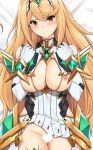  1girl bangs bare_shoulders bed_sheet blonde_hair blush breastless_clothes breasts censored cleavage dakimakura dress dress_lift elbow_gloves eyebrows_visible_through_hair gem gloves hair_between_eyes heart heart_censor hikari_(xenoblade_2) large_breasts long_hair looking_at_viewer lying nintendo nipples no_panties on_back solo thigh_gap tiara tony_guisado v-shaped_eyebrows very_long_hair wavy_mouth white_gloves xenoblade_(series) xenoblade_2 yellow_eyes 