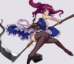  artist_request black_legwear breasts bursting_breasts coin hair_bobbles hair_ornament large_breasts looking_at_viewer onozuka_komachi red_eyes red_hair scythe skirt smile solo thighhighs touhou two_side_up 