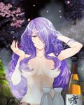  1girl alcohol bottle breasts camilla_(fire_emblem_if) closed_mouth cup dated fire_emblem fire_emblem_if hair_censor hair_over_one_eye hand_in_hair holding holding_cup kero_sweet large_breasts long_hair nintendo nude petals purple_eyes purple_hair sakazuki sake sake_bottle smile solo tree upper_body 