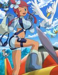  aircraft airplane belt blue_eyes blue_footwear blue_sky boots breasts cloud day ducklett flight_goggles fuuro_(pokemon) gen_5_pokemon gloves goggles hair_ornament knee_boots large_breasts leg_lift looking_at_viewer midriff mountain navel one_eye_closed pokemoa pokemon pokemon_(creature) pokemon_(game) pokemon_bw propeller red_hair shorts sky smile standing standing_on_object swanna swoobat thigh_strap tranquill 
