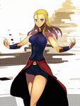  blonde_hair blue_eyes bracer breasts corset facial_mark forehead_mark genderswap genderswap_(mtf) highres hokuto_no_ken kusanagi_kaoru large_breasts outstretched_arms shorts smirk solo souther 