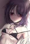  1girl bags_under_eyes bare_shoulders bikini black_choker breasts choker collarbone kokoro_no_rihabiri_channel long_sleeves looking_down micro_bikini midriff nipple_slip nipples parted_lips purple_hair red_eyes ribs shadow shimo_(depthbomb) short_hair sketch solo sweat swimsuit underboob undressing upper_body virtual_youtuber yamai_kokoro 