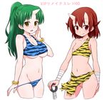  animal_print bandages bra bracelet breast_slip breasts cleavage copyright_request covered_nipples fang flat_chest green_eyes green_hair groin horns itoji jewelry lingerie loincloth long_hair medium_breasts multiple_girls navel nipples one_breast_out oni panties panty_pull ponytail print_bra print_panties pussy red_eyes red_hair short_hair small_breasts tiger_print underboob underwear underwear_only 