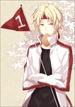  blonde_hair border bread bread_eating_race crossed_arms flag food headband holding jacket male_focus moco mouth_hold natsume_takashi natsume_yuujinchou numbered_flag open_clothes open_jacket solo sports_festival track_jacket track_suit yellow_eyes 