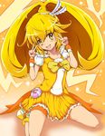  bad_id bad_pixiv_id banana_(hirane1988) bike_shorts blonde_hair bow bowtie brooch cure_peace double_v eyelashes full_body hair_flaps hair_ornament hairpin jewelry kise_yayoi kneeling long_hair magical_girl no_choker orange_background orange_shorts precure puffy_sleeves shoes shorts shorts_under_skirt skirt smile smile_precure! solo v wide_ponytail yellow yellow_bow yellow_eyes yellow_skirt 