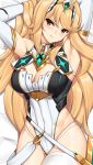  1girl armpits arms_up bed_sheet blonde_hair blush breasts cleavage_cutout dakimakura elbow_gloves eyebrows_visible_through_hair frown gem gloves head_tilt highleg highleg_leotard hikari_(xenoblade_2) large_breasts leotard long_hair looking_at_viewer lying nintendo on_back solo thighhighs tiara tony_guisado v-shaped_eyebrows very_long_hair white_gloves white_legwear xenoblade_(series) xenoblade_2 yellow_eyes 