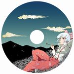  album_cover bad_id bad_pixiv_id bow breasts cloud collar_up cover disc_cover fujiwara_no_mokou full_moon grass hair_bow kiseru long_sleeves looking_afar lying moon mountain night night_sky on_back on_grass open_collar pants pipe ponytail red_eyes red_pants shigeohji silhouette silver_hair sky small_breasts smoking solo suspenders touhou white_legwear 