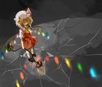  ascot blonde_hair broken_ground dress flandre_scarlet glowing glowing_wings hair_over_eyes hat hat_ribbon hinase_kaguya laevatein red_dress reflection ribbon side_ponytail solo touhou wings 