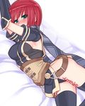  arms_up bed_sheet black_legwear blush folks_(nabokof) green_eyes looking_at_viewer lying nel_zelpher on_side panties red_hair scarf short_hair solo star_ocean star_ocean_till_the_end_of_time tattoo thighhighs underwear 