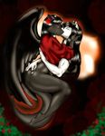  arden arturo_juarez black black_fur black_hair bottomless canine cat catwingz clothed clothing duo embrace feline female flower flower_in_hair fur hair half-dressed leah_se_vlad male mammal rose white white_fur wings wolf 