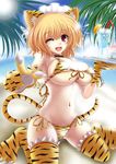  animal_ears bikini blonde_hair breasts commentary_request cup front-tie_top highres kurowana large_breasts maid_headdress navel one_eye_closed open_mouth original plate red_eyes shiny shiny_skin side-tie_bikini sitting solo swimsuit tail tiger_ears tiger_tail underboob wariza 