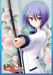  2009 bow_(weapon) flower gradient_hair hair_ornament kawagishi_keitarou maji_de_watashi_ni_koi_shinasai! multicolored_hair purple_eyes purple_hair school_uniform shiina_miyako short_hair solo text_focus two-tone_hair weapon 