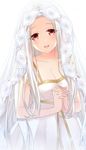  breasts cleavage dress fate/zero fate_(series) hands_clasped irisviel_von_einzbern kurot long_hair looking_at_viewer medium_breasts open_clothes open_mouth own_hands_together red_eyes silver_hair simple_background solo veil very_long_hair white_background white_dress 