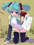  all_fours aqua_eyes aqua_hair backpack bad_id bad_pixiv_id bag classroom full_body hatsune_miku indoors long_hair masao mouth_hold panties randoseru skirt skirt_in_mouth skirt_lift solo striped striped_panties thighhighs twintails underwear uneven_eyes vocaloid 