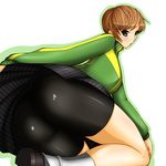  ass bike_shorts bikkuru blush brown_eyes brown_hair highres jacket looking_back open_mouth persona persona_4 satonaka_chie short_hair skirt track_jacket upskirt 