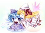  blonde_hair blue_dress blue_eyes blue_hair bow chibi cirno closed_eyes dress flying hair_bow hat hat_ribbon hug lily_white long_hair looking_away multiple_girls open_mouth pout ribbon seiza short_hair short_sleeves sitting sleeves_past_wrists smile tears touhou tsukiori_sasa v_arms white_dress wide_sleeves wings 
