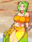  1girl :&gt; bare_shoulders beach bikini bow braid braided_bun breasts cleavage closed_mouth collarbone elincia_ridell_crimea elincia_ridell_crimea_(summer) english_commentary fingernails fire_emblem fire_emblem:_path_of_radiance fire_emblem:_radiant_dawn fire_emblem_heroes groin hair_bun hair_intakes highres jewelry large_breasts light_green_hair long_hair mnejing30 navel necklace official_alternate_costume orange_bikini orange_bow orange_eyes sarong see-through see-through_sarong single_hair_bun sitting smile solo swimsuit 