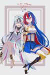  2girls alear_(female)_(fire_emblem) alear_(fire_emblem) armor bangs bare_shoulders barefoot black_choker black_hair blue_eyes blue_hair breasts choker closed_eyes crossed_bangs dress feather_hair_ornament feathers fire_emblem fire_emblem_engage grey_hair hair_ornament heterochromia highres kokiya leaning_on_person long_hair medium_breasts multicolored_hair multiple_girls petite red_eyes red_hair siblings sisters sitting small_breasts smile split-color_hair tiara two-tone_hair very_long_hair veyle_(fire_emblem) wavy_hair 