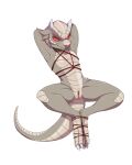  2022 anthro bdsm bondage bound feet_tied female flat_chested genitals grey_body hands_behind_head hi_res horn kobold looking_at_viewer nude pussy red_eyes restraints rope rope_bondage rope_harness scalie simple_background snake28 solo spread_legs spreading 